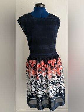 Max Edition Navy Midi Dress with Coral & White Floral Skirt